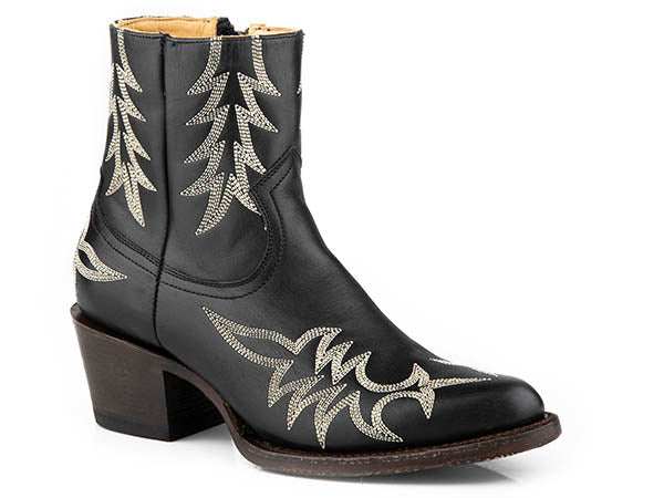 Women's Stetson Gianna ankle black leather boots with snip toe and flame pita embroidery