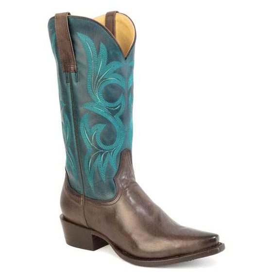 Women's Stetson Cherry Leather Boots handcrafted chocolate with green 13" shaft and unique embroidery