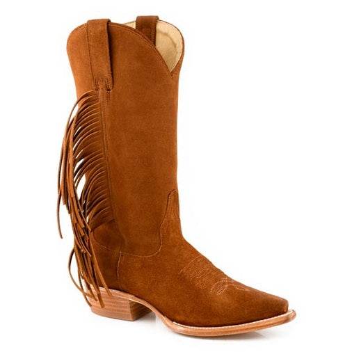 Women's Stetson Misty brown suede leather snip toe boots with fringe and cushioned insole