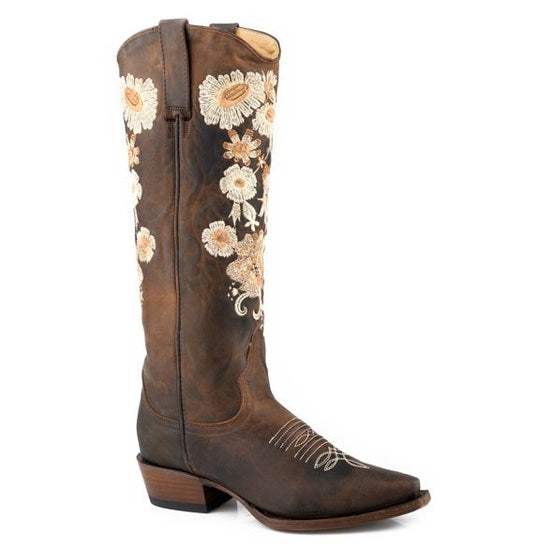 Women's Stetson June Leather Boots brown handcrafted snip toe with flower embroidery