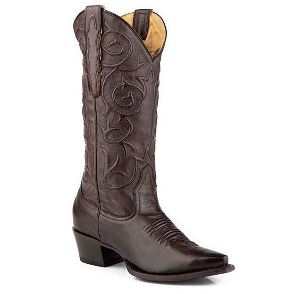 Women's Stetson Callie Boots in handcrafted chocolate leather with corded shaft design and snip toe