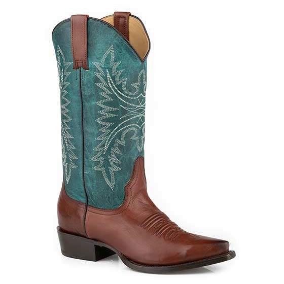 Women's Stetson Freya Boots handcrafted brown leather with turquoise shaft and unique embroidery