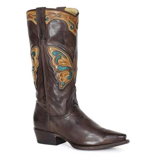 Women's Stetson Mariposa leather boots in chocolate with snip toe and butterfly inlay design