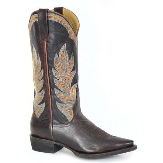 Women's Stetson Calista brown leather snip toe boots with embroidered shaft and stacked heel