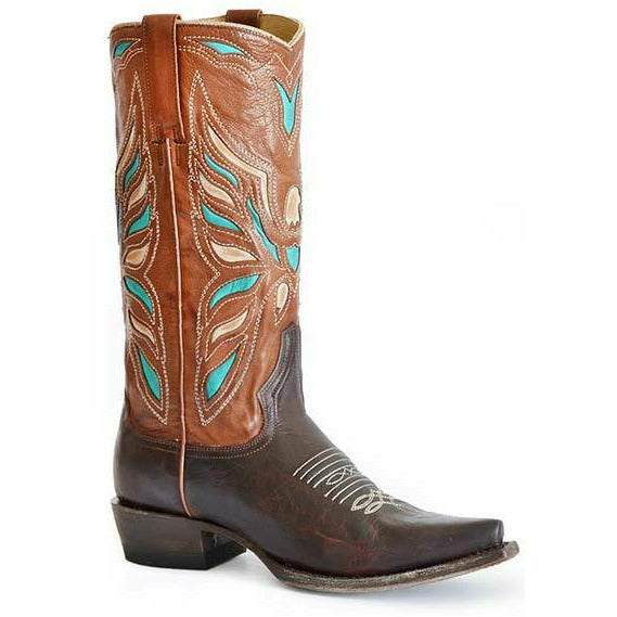 Women's Stetson Cora handcrafted brown leather cowboy boots with vintage eagle design and 13-inch shaft