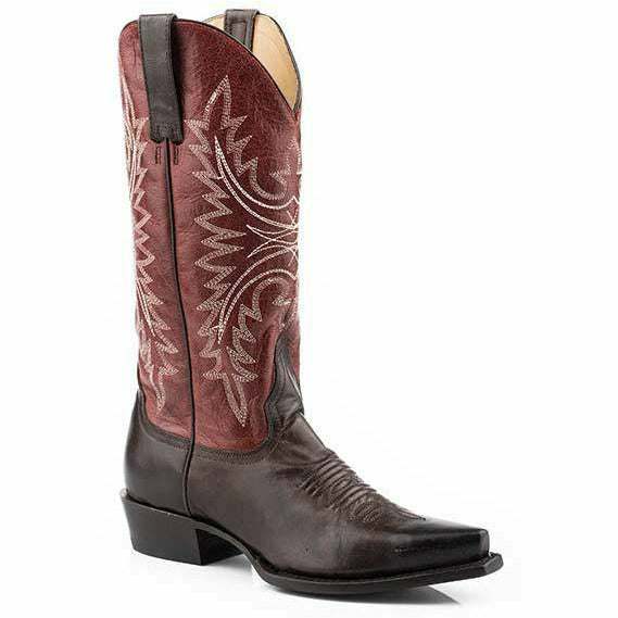 Women's Stetson Freya Leather Boots in brown with red 13" embroidered shaft and stacked heel