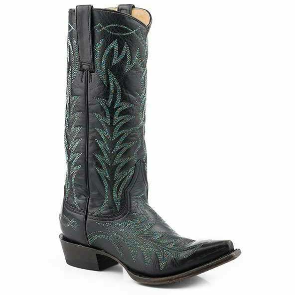 Women's Stetson Stella black leather boots with 13" embroidered shaft and snip toe