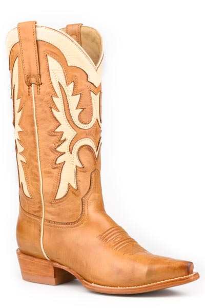 Women's Stetson Cheyenne handcrafted brown leather cowboy boots with 13-inch shaft and cream flame underlay