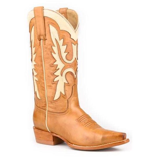 Women's Stetson Cheyenne handcrafted brown leather cowboy boots with 13-inch shaft and cream flame underlay