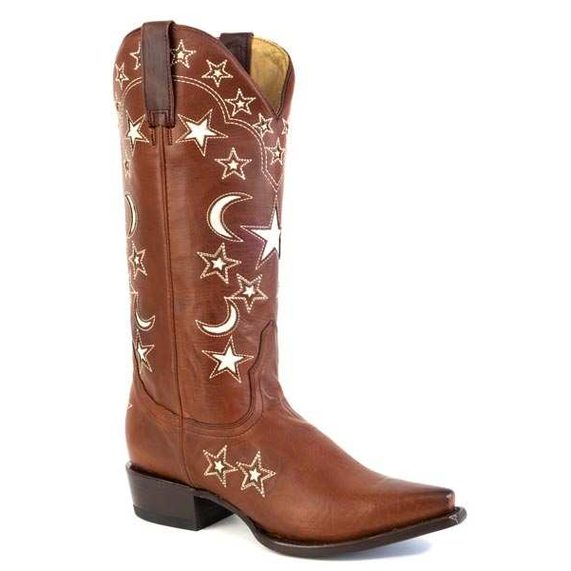 Handcrafted Women's Stetson Kit Leather Boots in oiled brown with star and moon designs, 13" shaft cowboy style