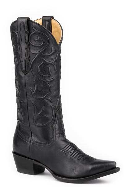 Women's Stetson Callie black leather handcrafted cowboy boots with 7-inch shaft and unique inlays