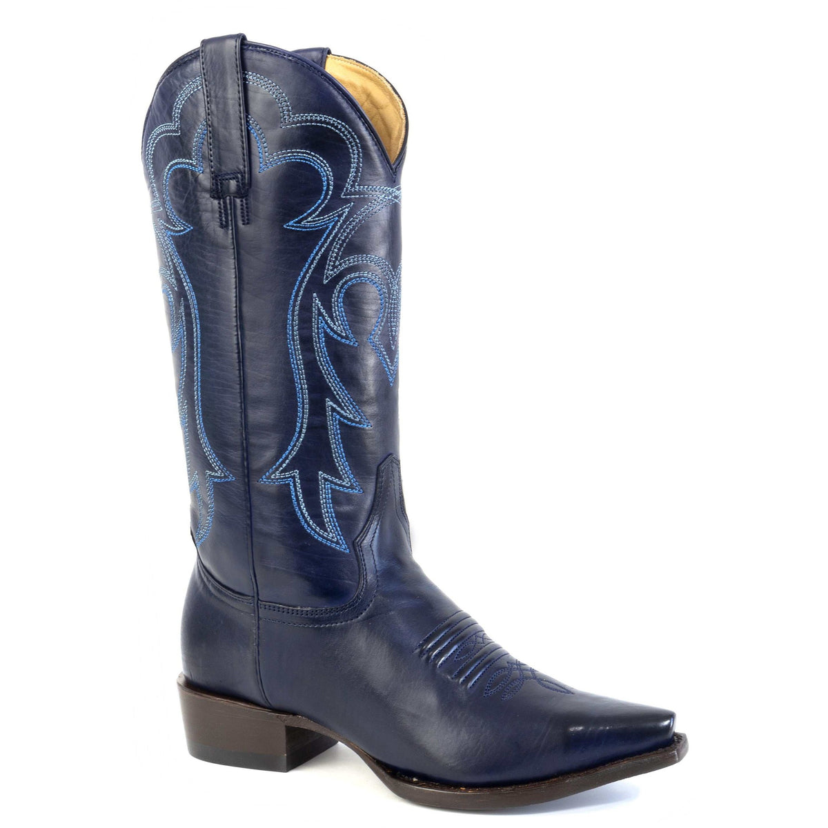 Women's Stetson indigo leather boots with snip toe and unique embroidery on blue shaft