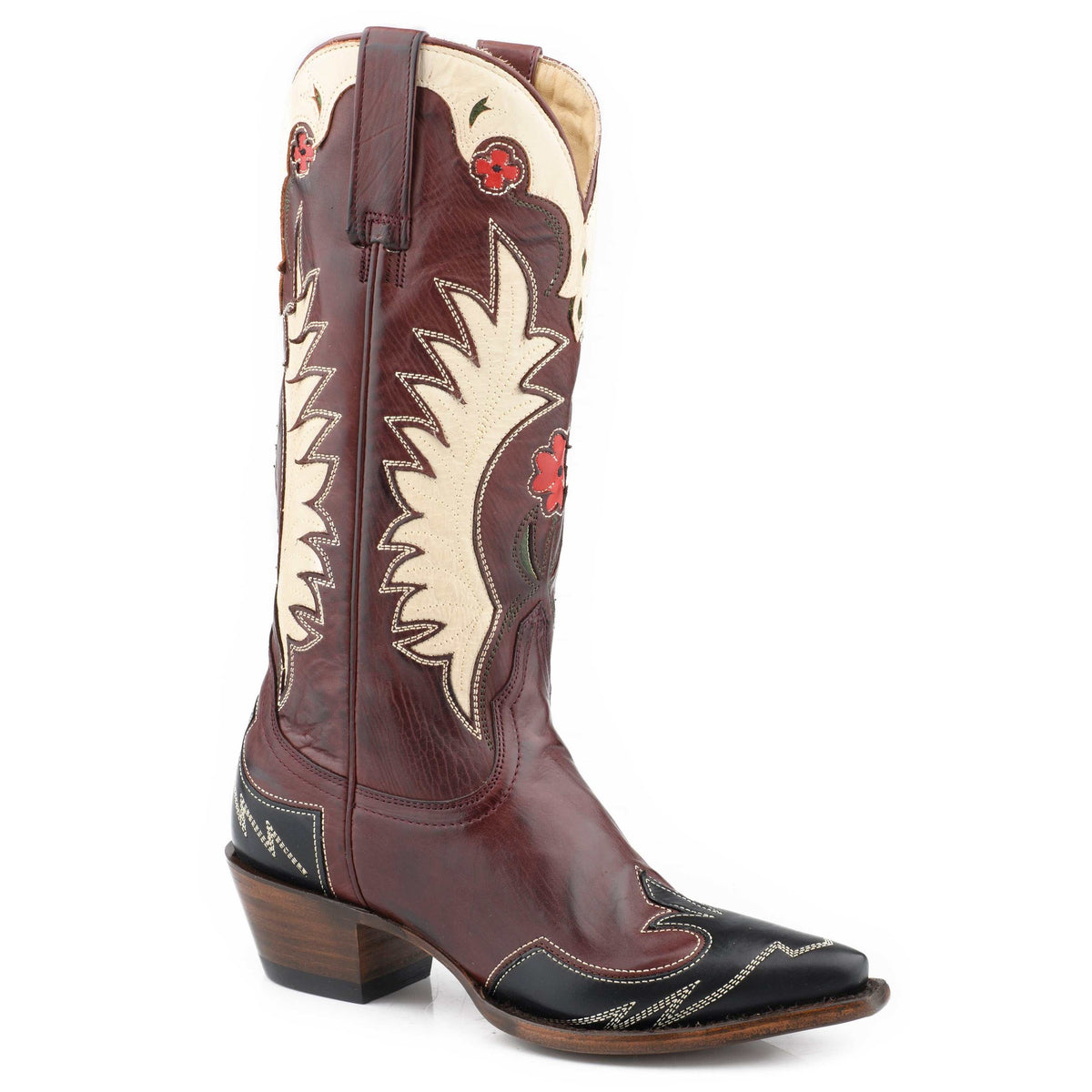 Women's Stetson Bonnie Leather Boots in dark wine with snip toe and corded shaft design