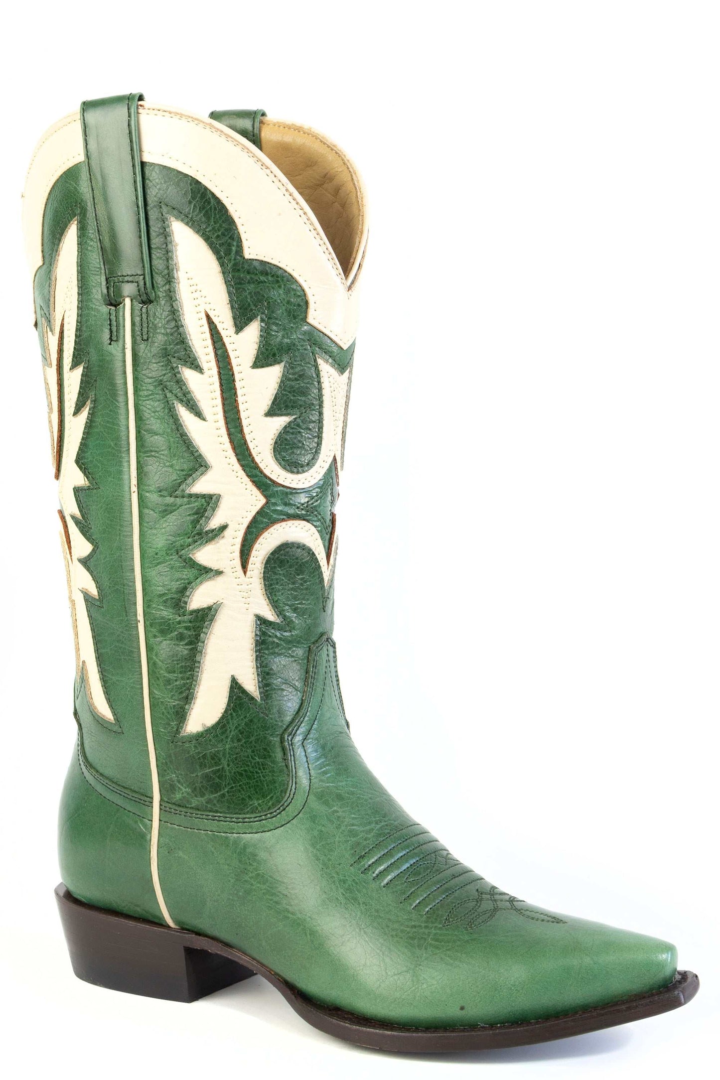 Women's Stetson Cheyenne leather boots in emerald green with snip toe and unique embroidery