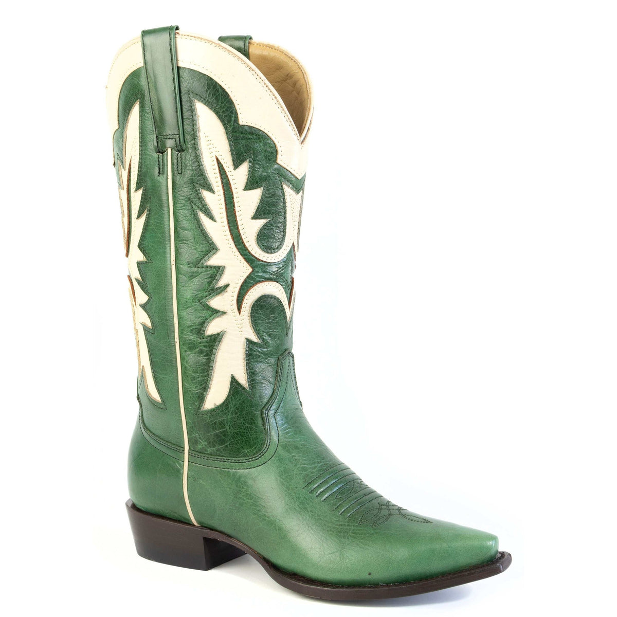 Women's Stetson Cheyenne leather boots in emerald green with snip toe and unique embroidery