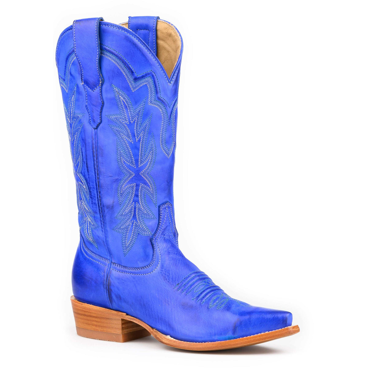 Women's Stetson Casey Leather Boots blue snip toe handcrafted with unique embroidery and stacked heel