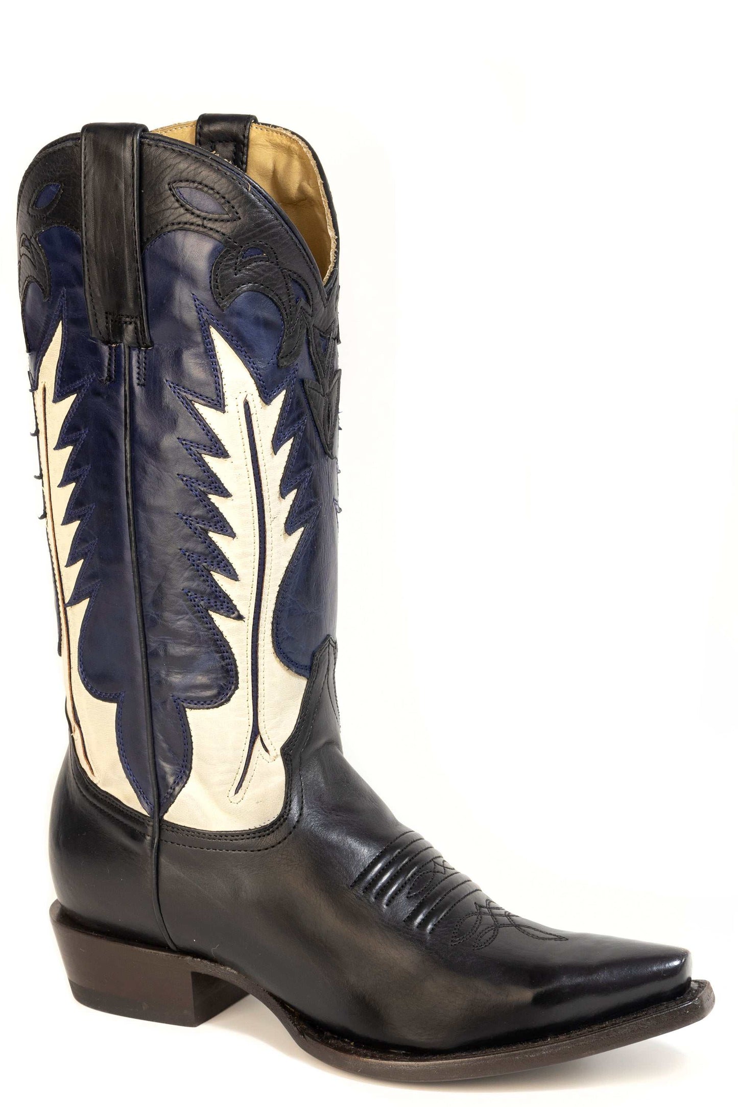 Women's Stetson Dani black leather snip toe cowboy boots handcrafted with navy blue calf shaft and cream flame inlay