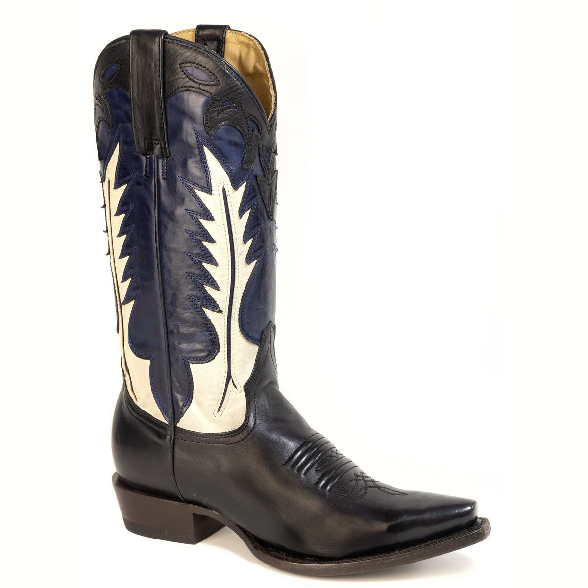 Women's Stetson Dani black leather snip toe cowboy boots handcrafted with navy blue calf shaft and cream flame inlay