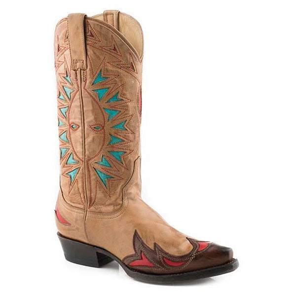 Women's Stetson Penny Boots handcrafted gold leather with wingtip design and stacked heel