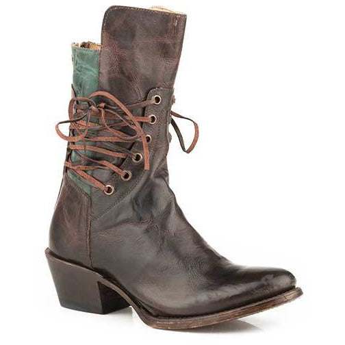 Women's Stetson Emory handcrafted brown leather cowboy boots with side zipper and stacked heel