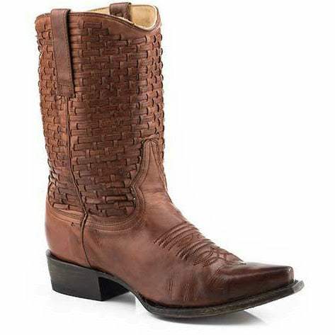 Women's Stetson Coco Leather Boots in cognac with basketweave shaft and stacked heel