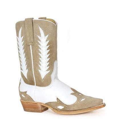 Women's Stetson Beth Leather Boots tan handcrafted snip toe with suede wing tip and vintage design