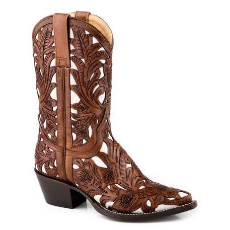 Women's Stetson Abilene brown leather snip toe boots with hand-tooled design and stacked heel