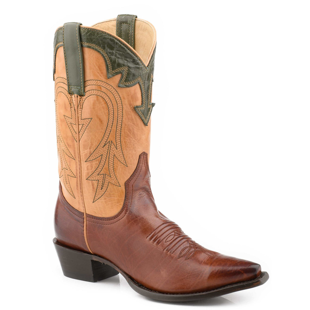 Women's Stetson Millie brown leather handcrafted snip toe boots with embroidered shaft and stacked heel