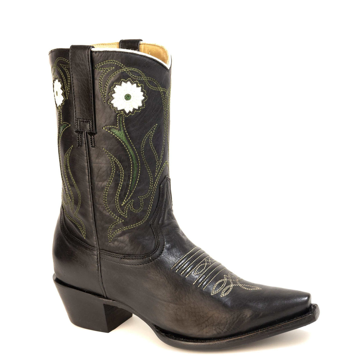 Women's Stetson Willow black leather snip toe boots with unique flower starburst design and stacked heel