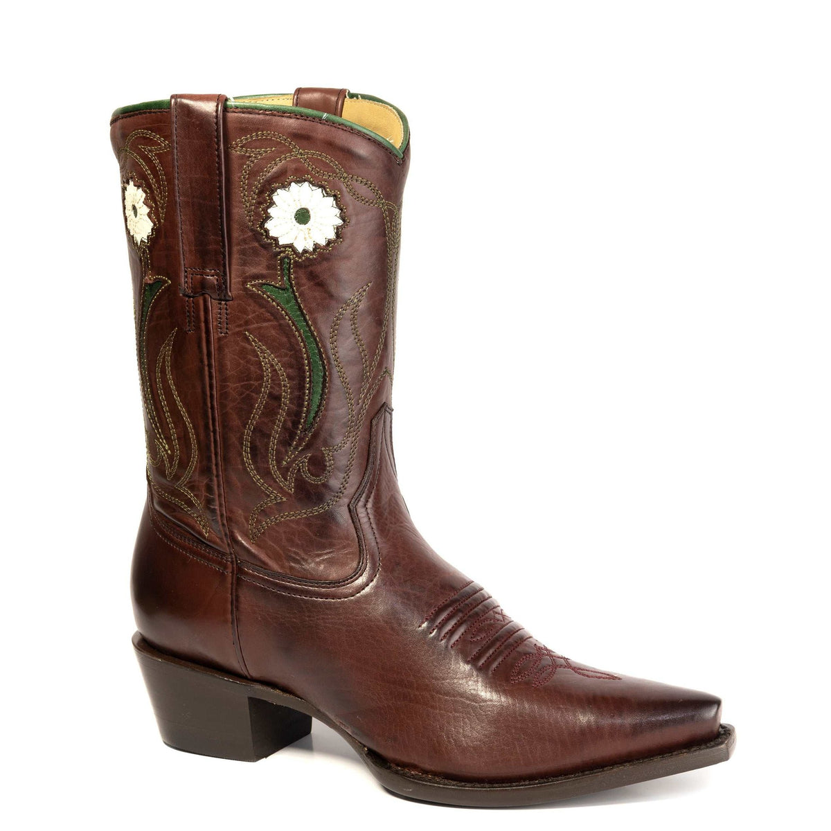 Women's Stetson Willow leather snip toe boots in wine with 10" shaft and flower starburst design