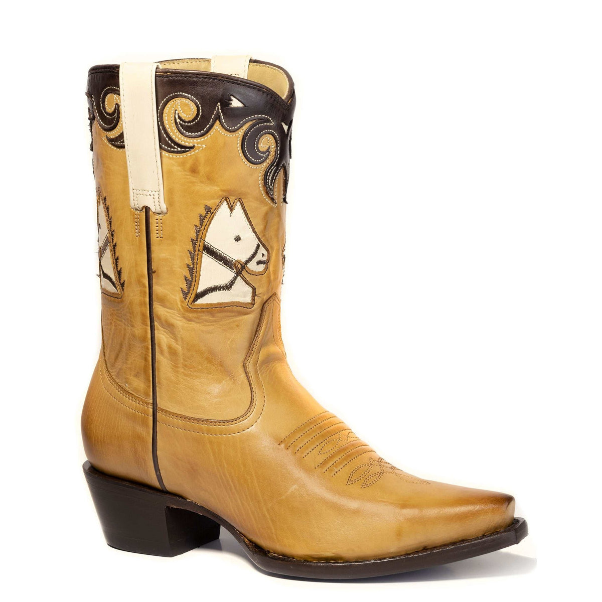 Women's Stetson Della leather boots with gold calf vamp, snip toe, 10" shaft, and stacked heel