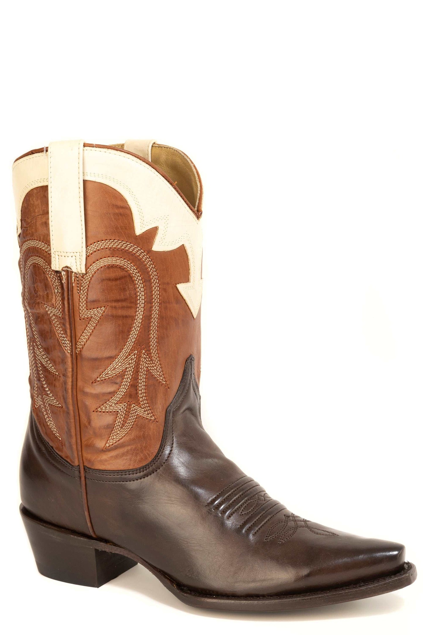 Women's Stetson Millie Leather Boots chocolate snip toe handcrafted with unique embroidery and stacked heel