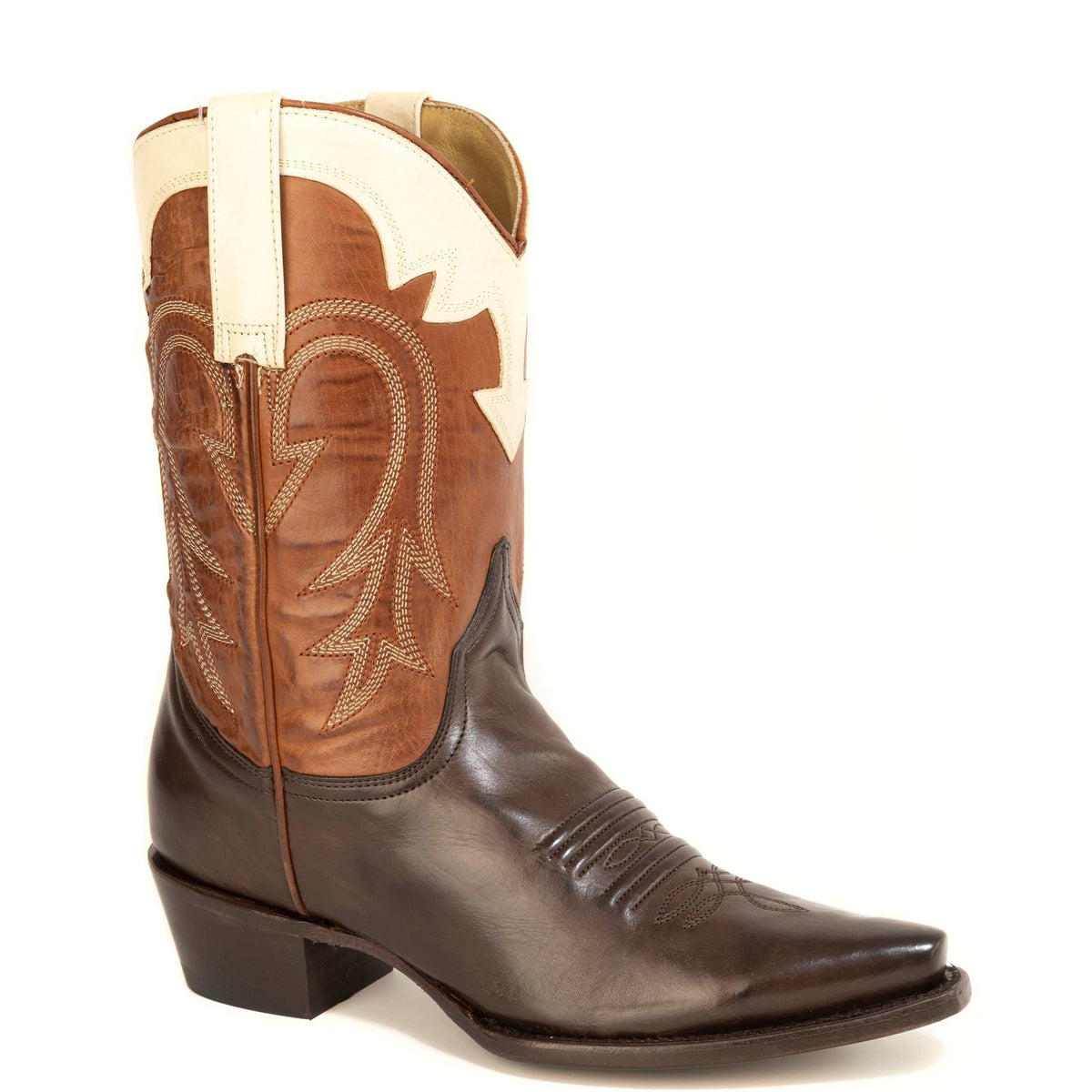 Women's Stetson Millie Leather Boots chocolate snip toe handcrafted with unique embroidery and stacked heel