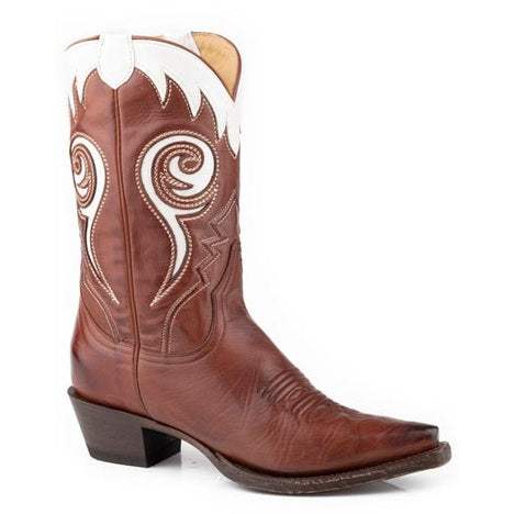 Women's Stetson Mavis brown leather snip toe boots with unique embroidery and stacked heel