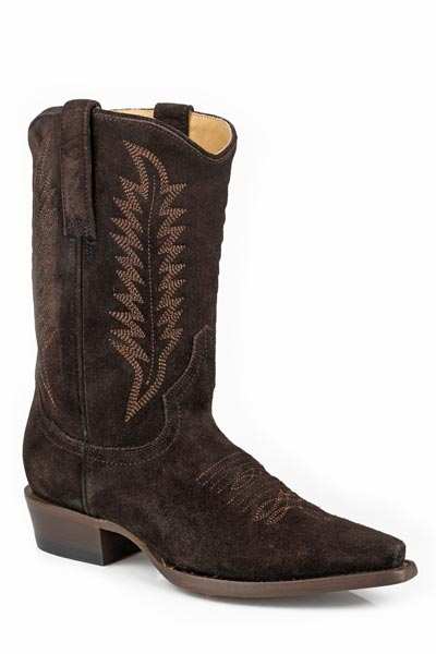 Women's Stetson Parker Suede Boots in chocolate with snip toe and unique embroidery on 10" shaft