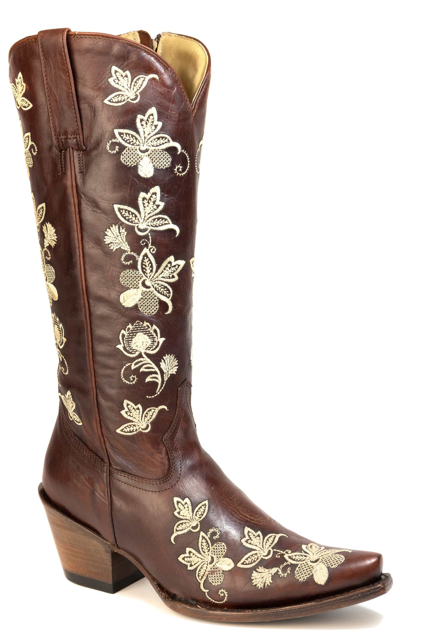 Brown Women's Stetson Gabi Leather Boots with snip toe and floral design