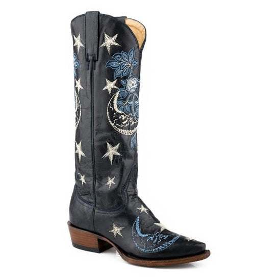 Women's Stetson Luna blue leather cowboy boots with snip toe and vintage moon and stars stitching