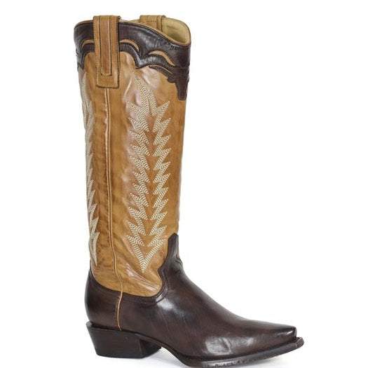 Women's Stetson Trinity handcrafted brown leather snip toe cowboy boots with vintage embroidery