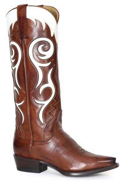 Women's Stetson Mavis brown leather handcrafted snip toe cowboy boots with unique embroidery and stacked heel