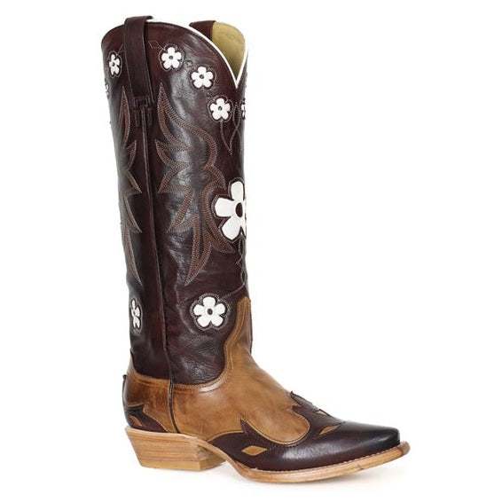 Women's Stetson Ariana Leather Boots in cognac with handcrafted snip toe and vintage flame stitching