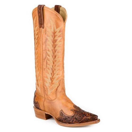 Women's Stetson Bea Snip Leather Boots handcrafted tobacco snip toe cowboy boots with vintage wing tip and stacked heel
