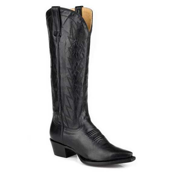 Women's Stetson Dove Leather Boots black handcrafted snip toe cowboy boots with vintage stitch and stacked heel