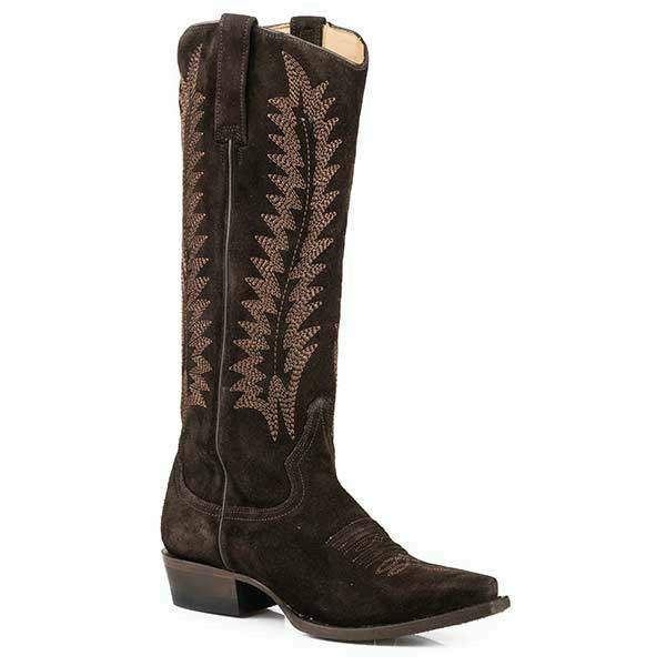 Women's Stetson Emme Brown Suede Cowboy Boots with Vintage Embroidery and 15" Shaft