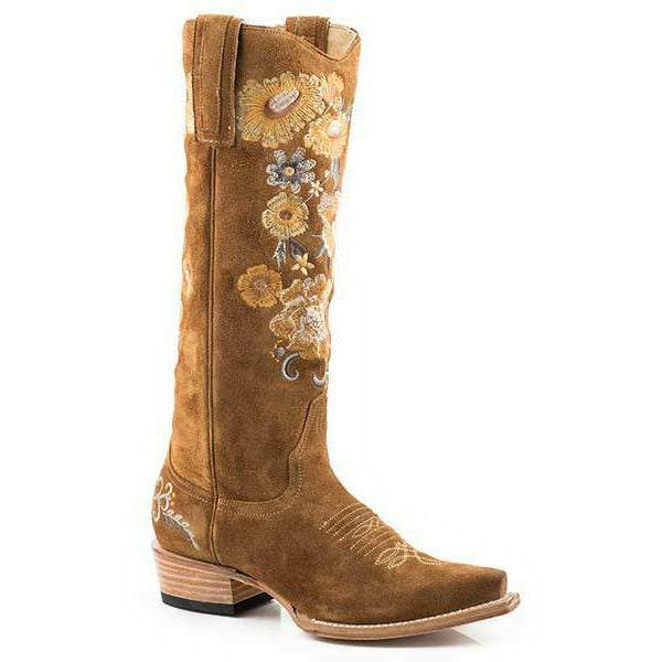 Women's Stetson June Suede Boots brown handcrafted leather with floral design and stacked heel