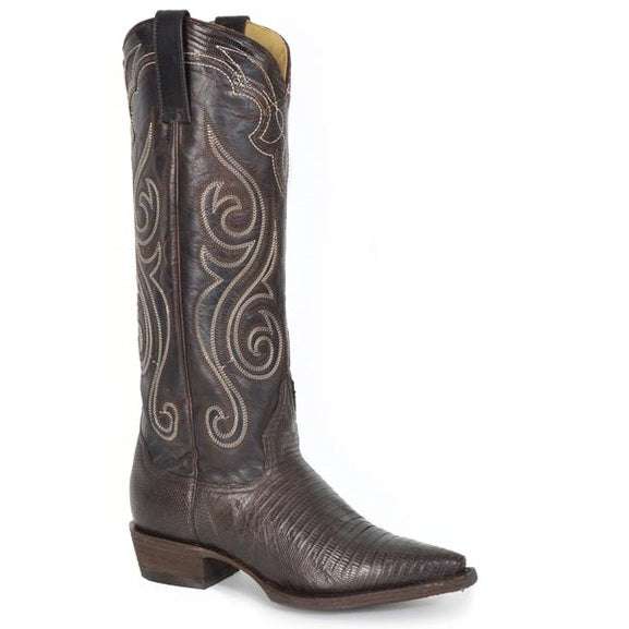 Women's Stetson Jane Teju lizard boots handcrafted brown leather cowboy boots with vintage flame stitch and snip toe