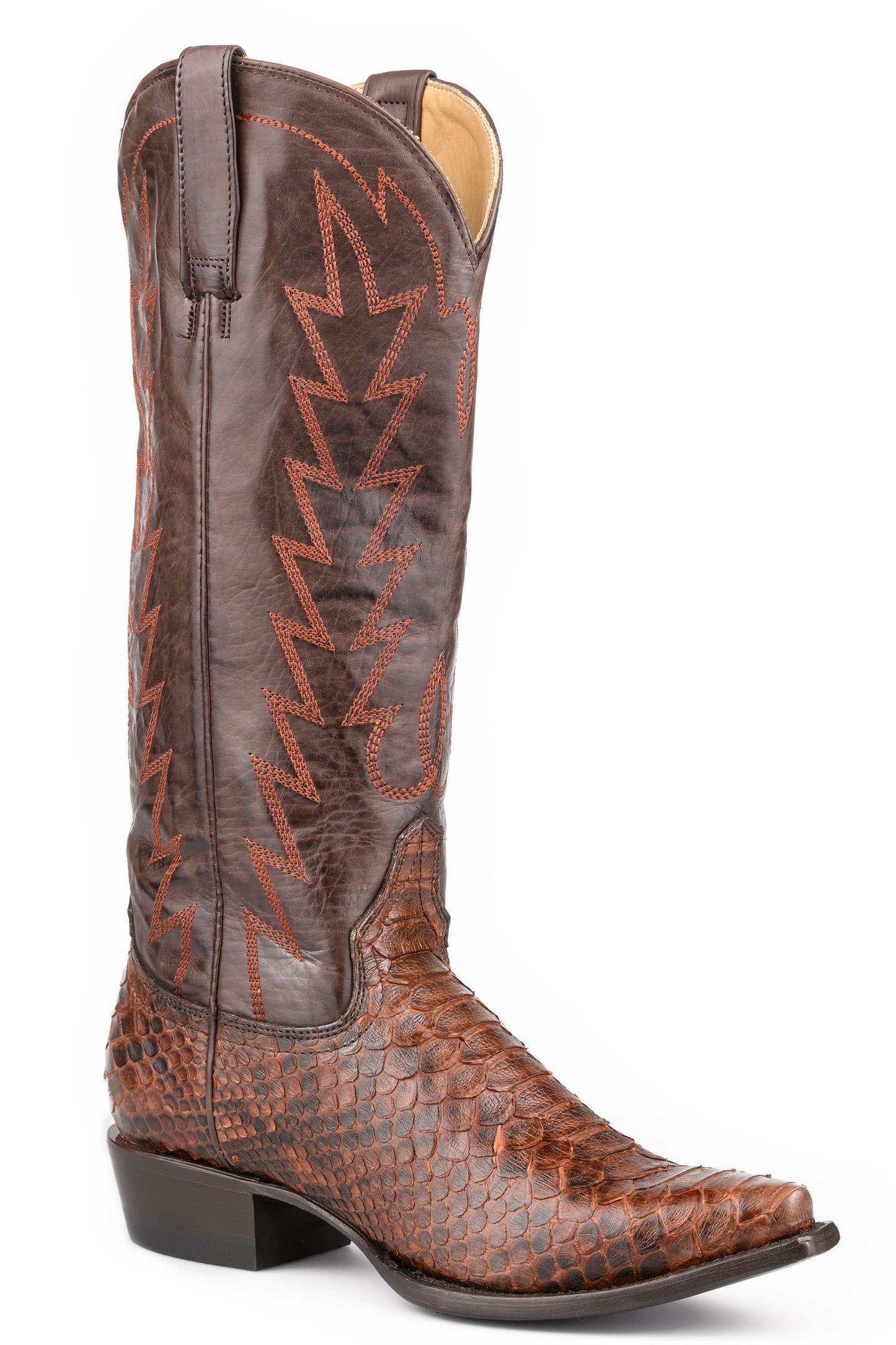 Women's Stetson Penny Python Boots handcrafted brown snip toe cowboy boots with python vamp and vintage stitch