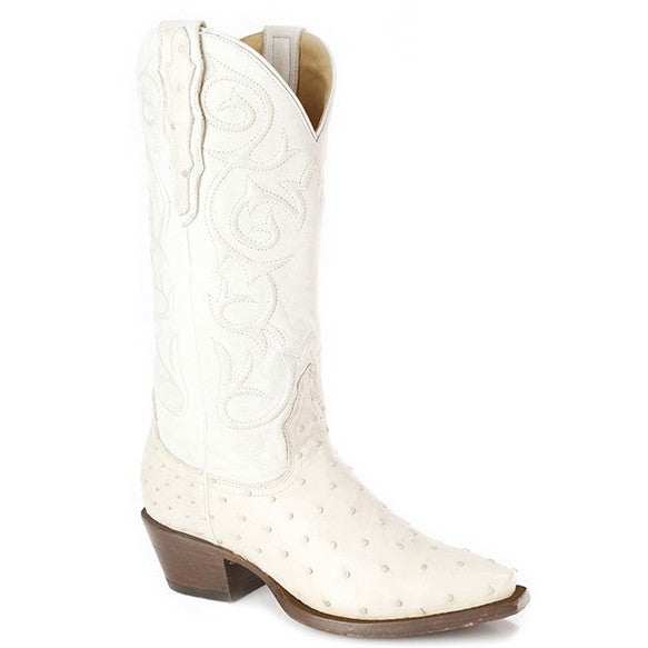 Women’s Stetson Callie Ostrich Boots handcrafted white cream ostrich leather with unique corded shaft and snip toe