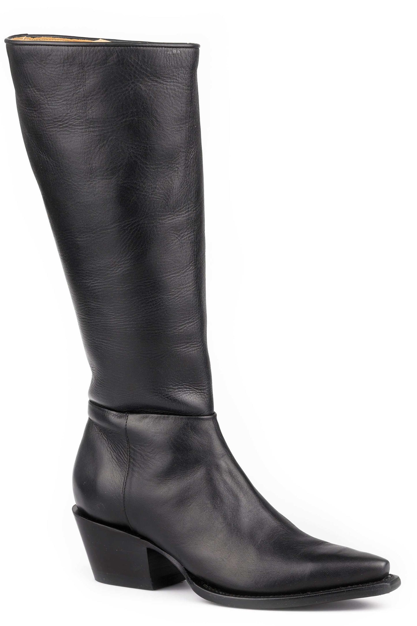 Women's Stetson Syd black leather handcrafted snip toe cowboy boots with 15-inch shaft and stacked heel