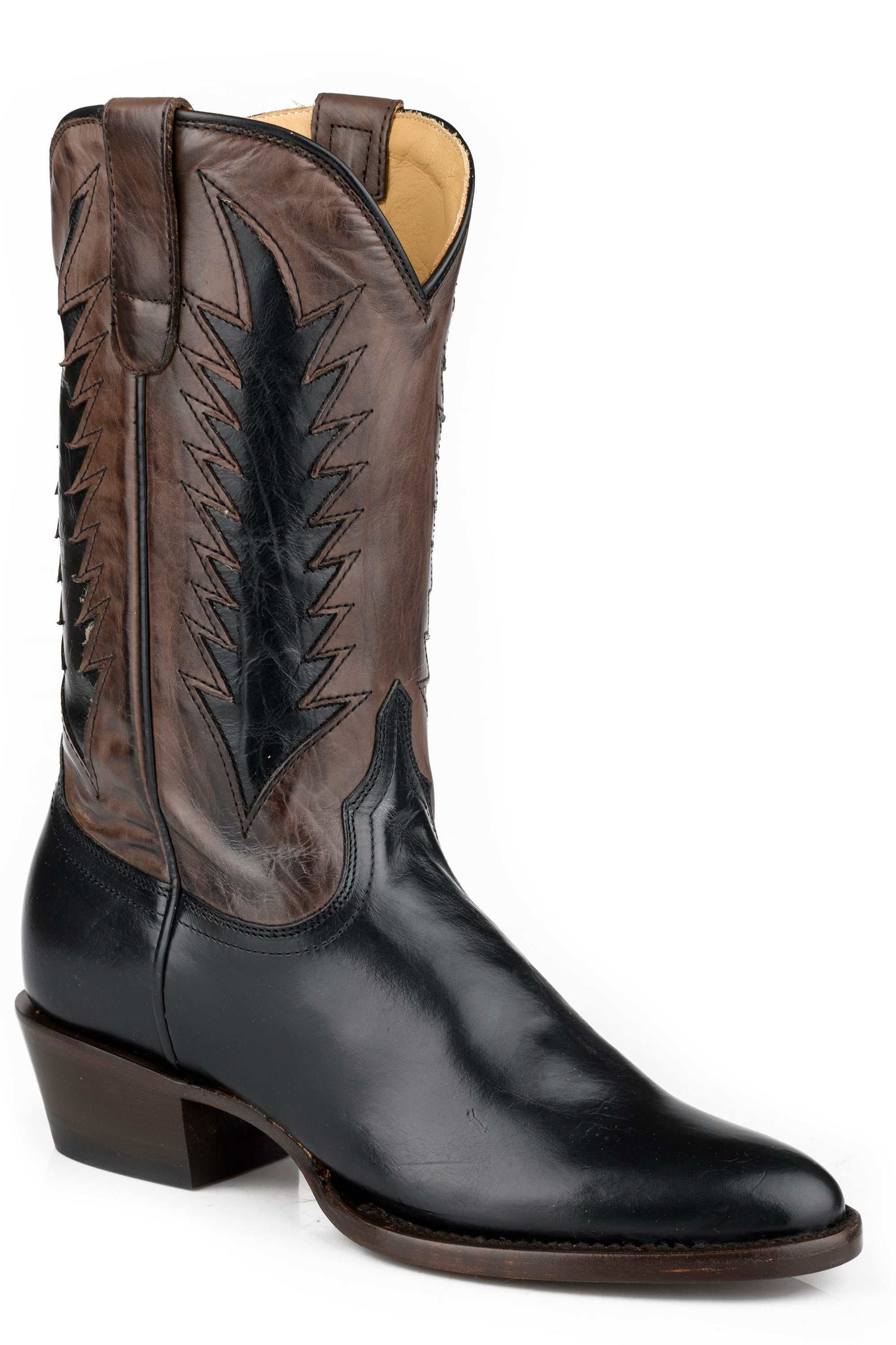 Women's Stetson Cassidy black leather boots with handcrafted cowgirl toe and unique flame underlay design