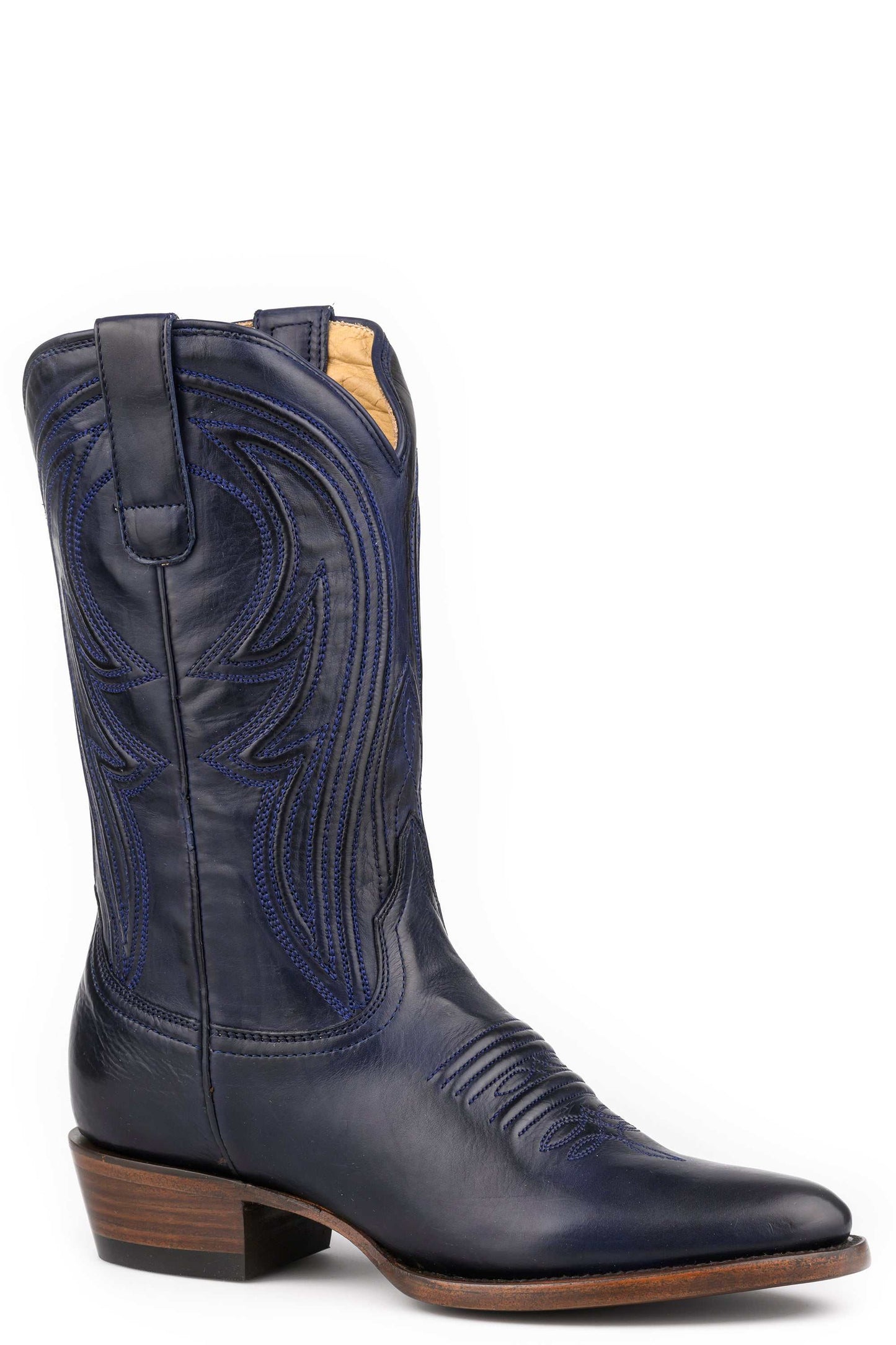 Women's Stetson Nora blue leather snip toe boots with corded shaft and stacked heel